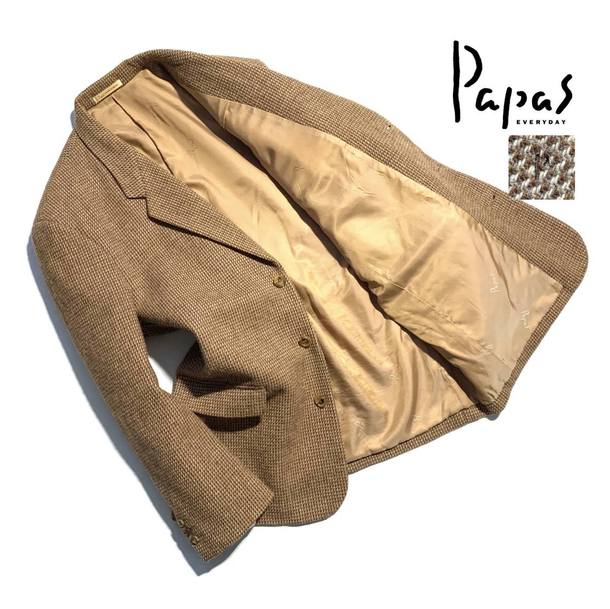 最高級【定価8万】Papas パパス ツイード テーラードジャケット L (48) メンズ【英国MAGEE生地】Pロゴ刺繍 日本製 保温性抜群 ロゴ裏地