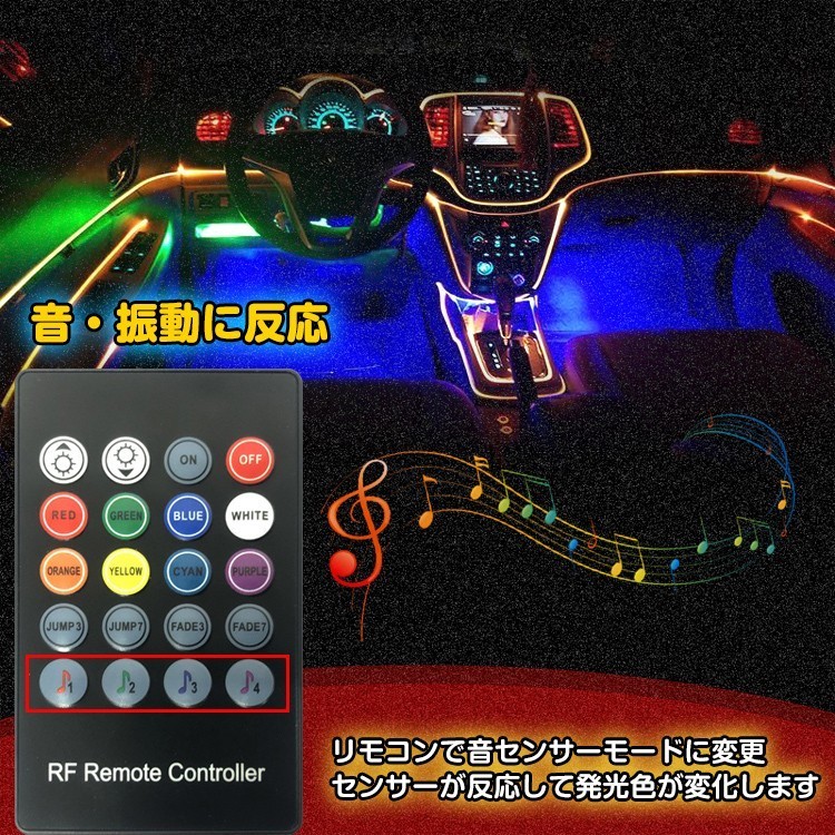 車 RGB 音に反応 LED アンビエントライト リブ付き アクリルファイバー 6m 音センサー DC12V 内装 インテリア ドレスアップ カー用品 ee253_画像5