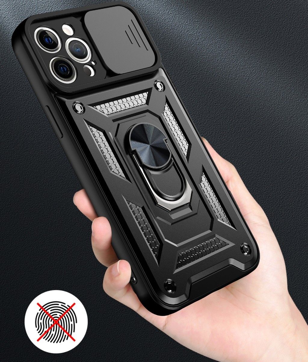 iPhone14Pro ケース ブラック カメラレンズカバー バンカーリング マグネット TPU 軽量 耐衝撃 ミリタリー
