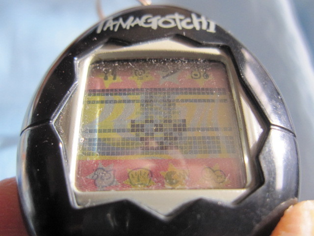 ジャンク品 動作不安定 BANDAI バンダイ TAMAGOTCHI たまごっち ブラック 黒 海外版? + メスっち 動作NG。裏のネジ破損。蓋閉まらず。_画像3