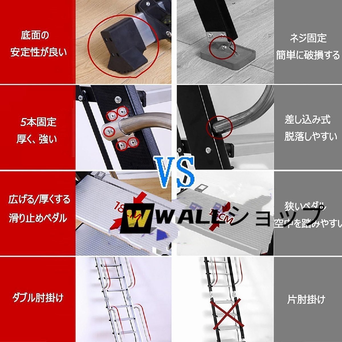 屋根裏階段 アルミ合金 手すり付き 家庭用 折りたたみはしご 軽量 多機能 安全固定フック壁掛け式折 幅広ペダル 高い耐荷重 屋内屋外用14級_画像6