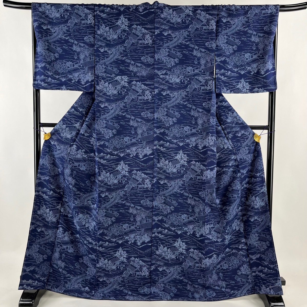 小紋 身丈166.5cm 裄丈68cm L 袷 建物 樹木 本草木染 藍色 正絹 美品 秀品 【中古】_バイセル 14091_1