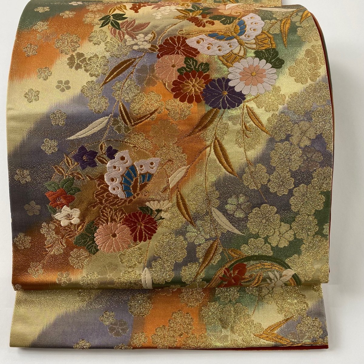 超人気新品 金色 金糸 唐織 蝶 花丸文 秀品 美品 袋帯 六通 【中古