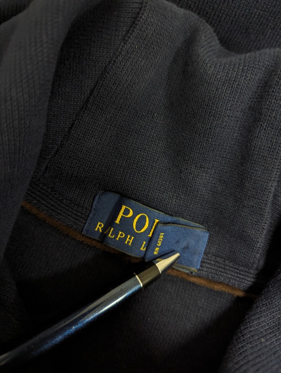 美品　POLO RALPH LAUREN　ポロラルフローレン　ショールカラー　ネイビー　スウェット　ニット　コットン　エルボーパッチ付　ロゴ刺繍