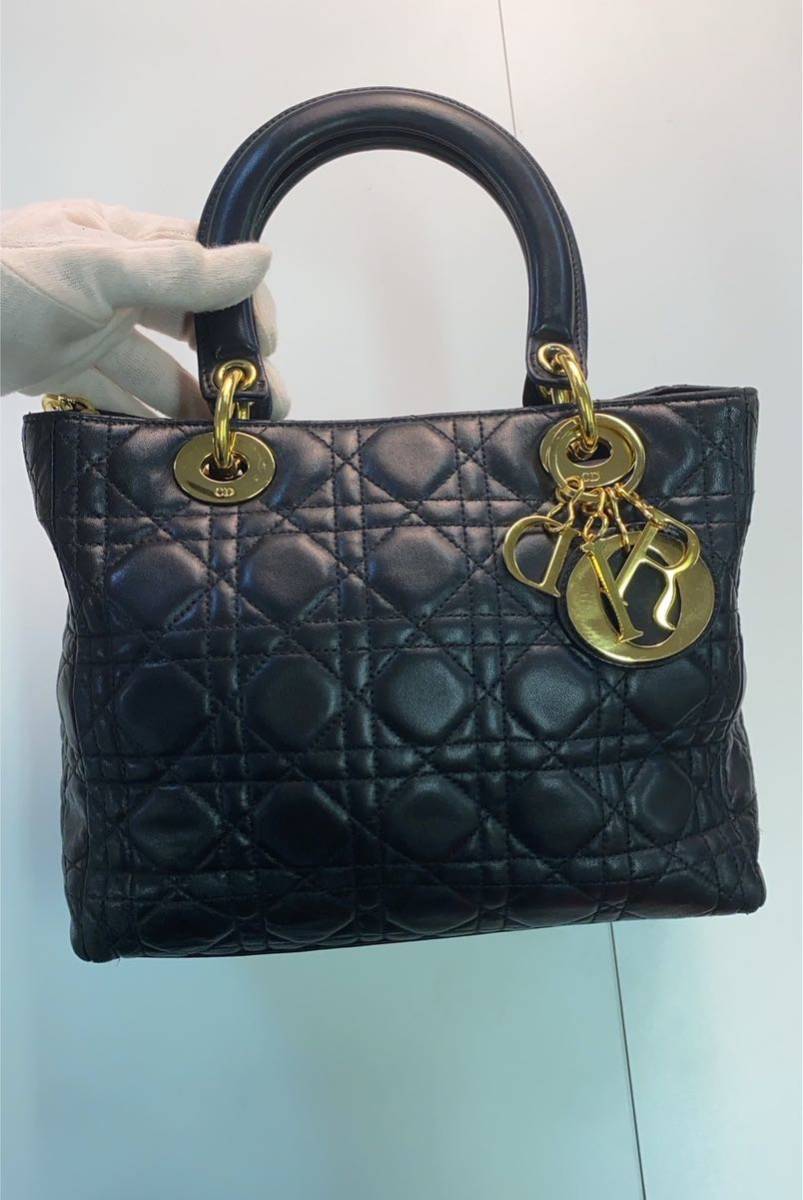 [1 иен старт ]reti Dior kana -ju кожа черный Christian Dior ручная сумочка 