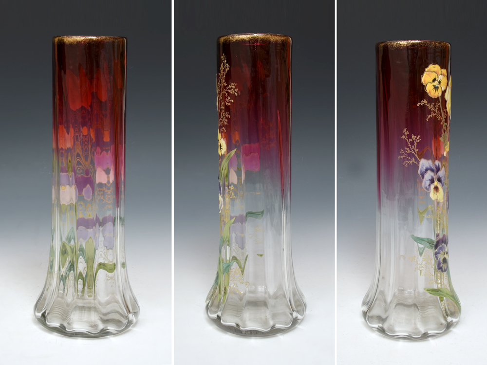 Mont Joye モンジョア LEGRAS ルグラ エナメル ビオラ紋 ガラス 花瓶 フラワーベース 高さ36㎝ 西洋美術 硝子 glass　　z6150o_画像3