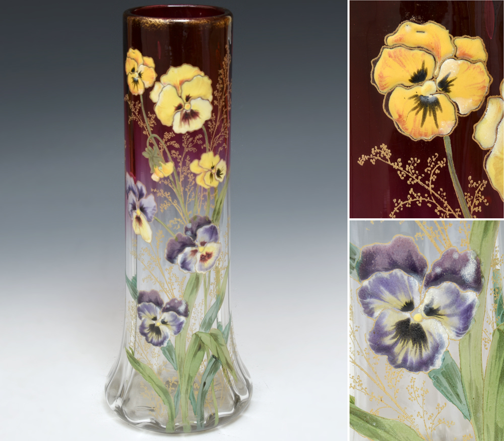 Mont Joye モンジョア LEGRAS ルグラ エナメル ビオラ紋 ガラス 花瓶 フラワーベース 高さ36㎝ 西洋美術 硝子 glass　　z6150o
