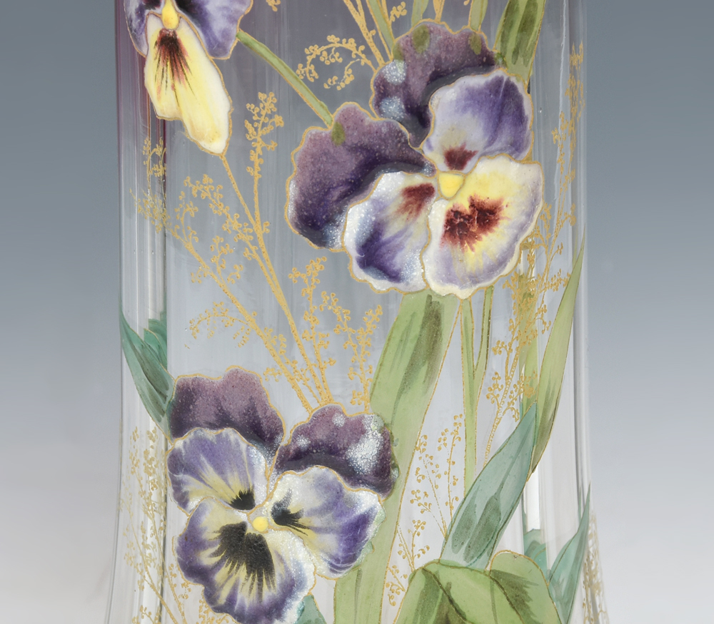 Mont Joye モンジョア LEGRAS ルグラ エナメル ビオラ紋 ガラス 花瓶 フラワーベース 高さ36㎝ 西洋美術 硝子 glass　　z6150o_画像8