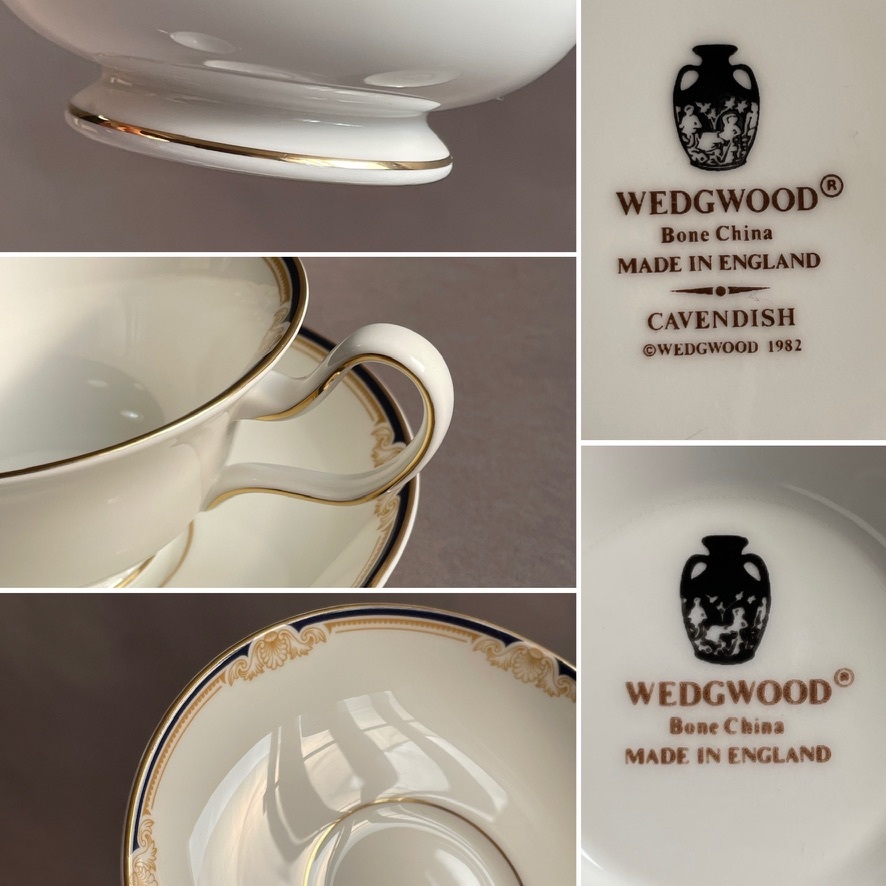 MS545 WEDGWOOD ウエッジウッド CAVENDISH カップ＆ソーサーx2 ティーポット シュガーポット クリーマー ケーキ皿x2 7点セット_画像8