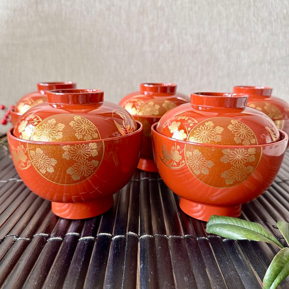 未使用品】会津塗 銘泉 洗朱宝生花丸 吸物椀 雑煮椀 鉄仙 5客 未使用品】会津塗 銘泉 洗朱宝生花丸 吸物椀 雑煮椀 鉄仙 5客