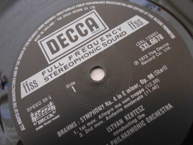 英DECCA SXL-6678 ケルテス VPO ブラームス 交響曲第4番 オリジナル盤の画像2