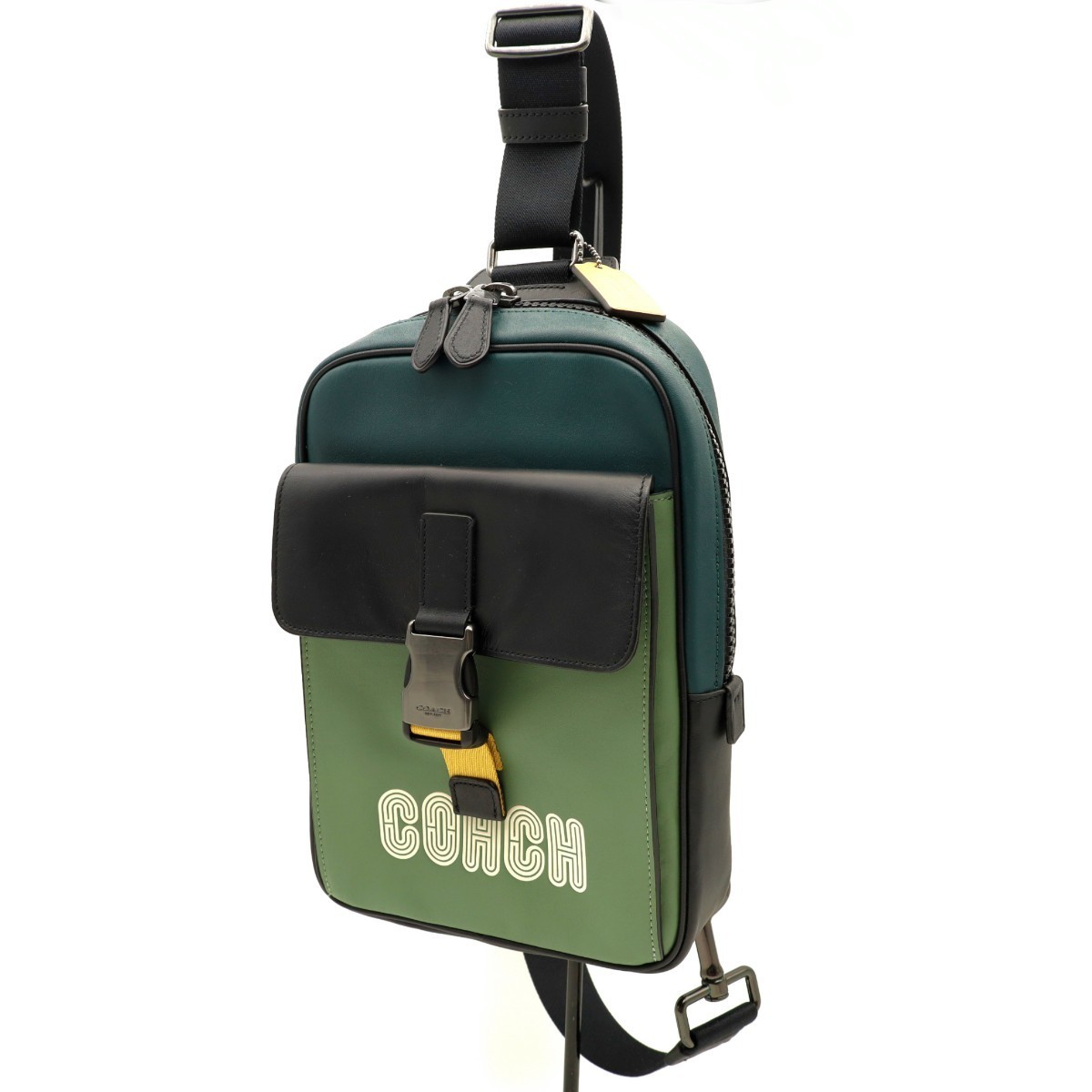 送料無料 新品未使用 COACH コーチ メンズ ボディバッグ トラックパック レザー カラーブロック ウィズ コーチパッチ C6674 グリーン