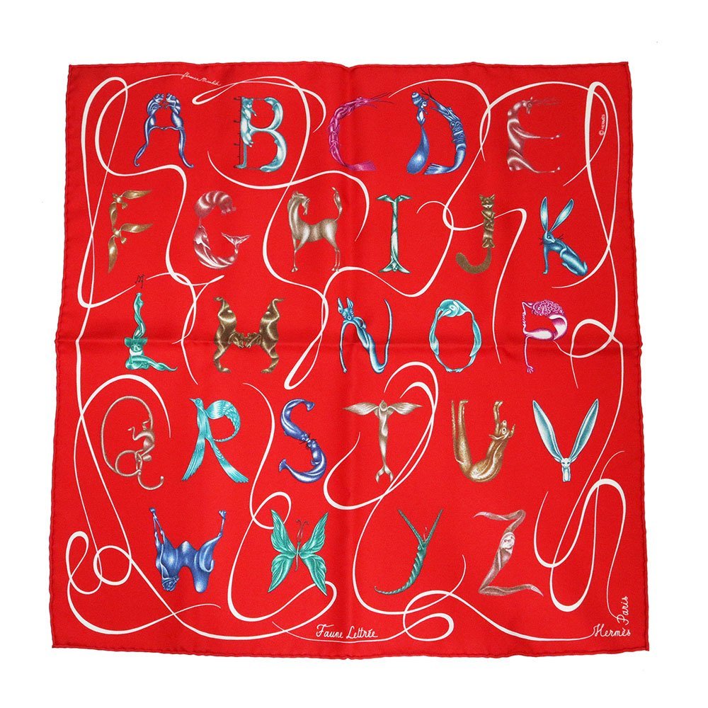 （新品・未使用品）エルメス HERMES ガヴロッシュ カレ 45 Faune Lettree アルファベットの動物誌 スカーフ シルク100％ レッド 赤 箱付