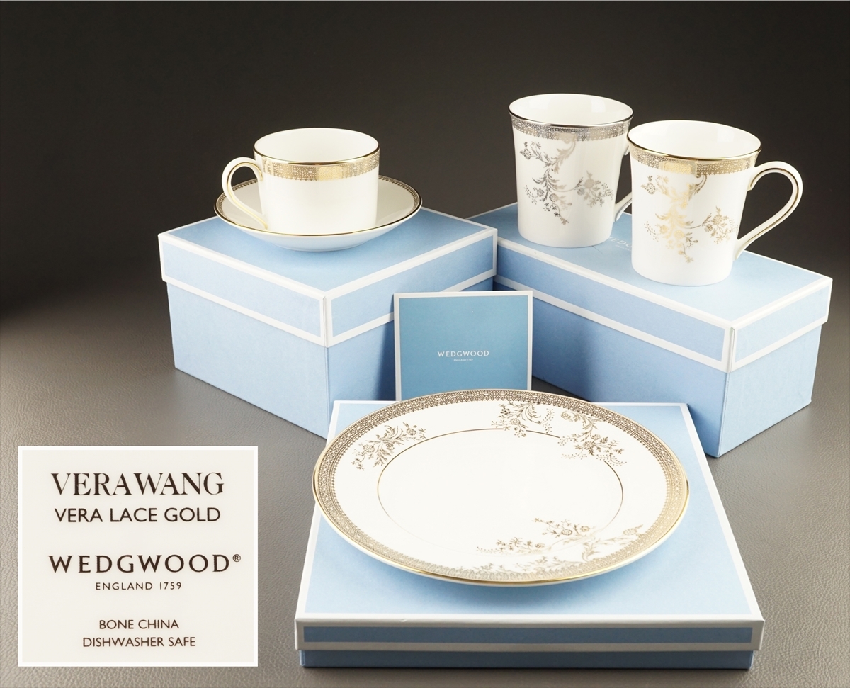 【千寿】WEDGWOOD ウェッジウッド ヴェラ ウォン ヴェラレース ゴールド カップ＆ソーサー ペアマグ他 k8◆在銘/共箱/古美術/時代品/1111