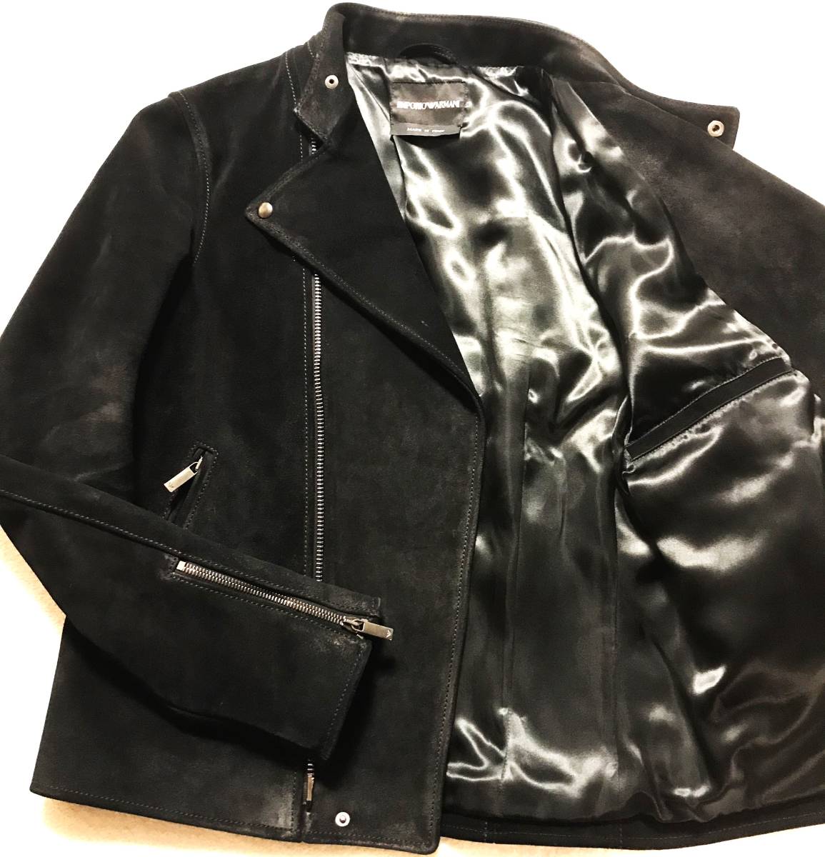 ★新品★イタリア製★65万最高級◆幻!稀少!◆EMPORIO ARMANI カーフスキン ヌバック ダブルライダース レザージャケット 46◆仔牛革