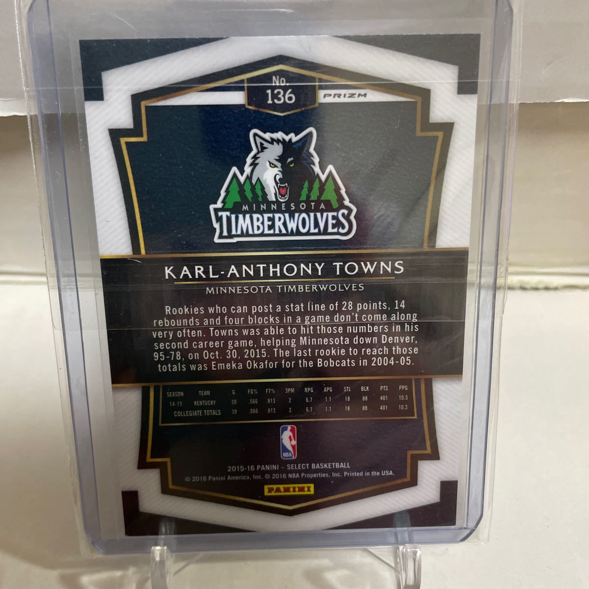 2015-16 PANINI SELECT KARL-ANTHONY TOWNS RC silver PRIZM カードNO.136 ルーキープリズム_画像2