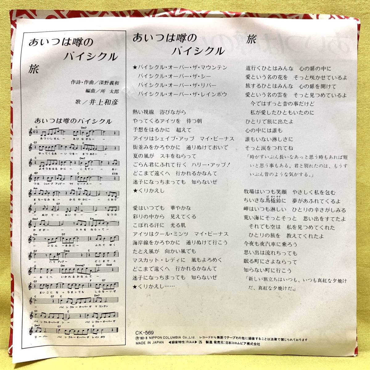 見本盤■井上和彦■あいつは噂のバイシクル/旅■'80■即決■EPレコード_画像2