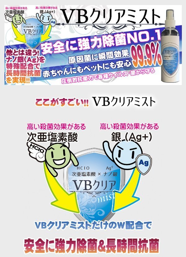 【在庫限り特価！即納】VBクリアミスト 次亜塩素酸水×ナノAg（銀）長時間抗菌！マスクの除菌/抗菌 99.9% 強力除菌スプレー 200ml【4本】_画像2