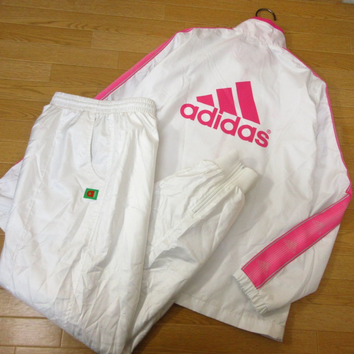 ◎美品！M 上下セット！adidas アディダス◆ウィンドブレーカー ジャケット&パンツ◆レディース 白xピンク◆B3120_画像1