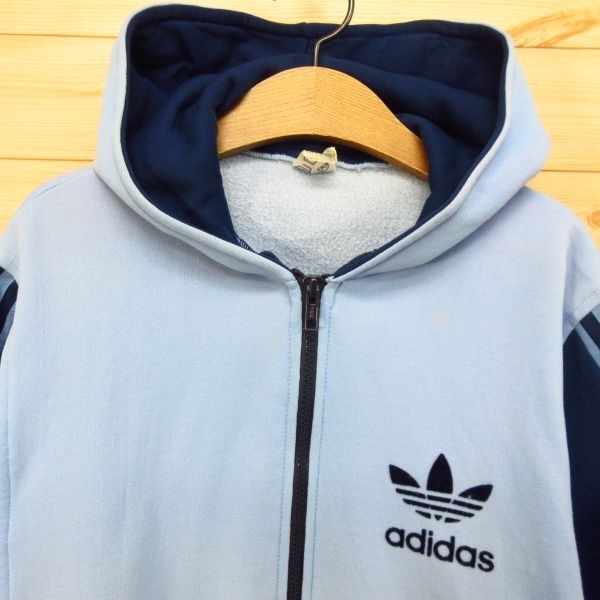 ◎希少 80s！adidas アディダス◆パーカー ジャージ 裏起毛 ヴィンテージ デッドストック◆メンズ 水色x紺 L相当◆A3180_画像3