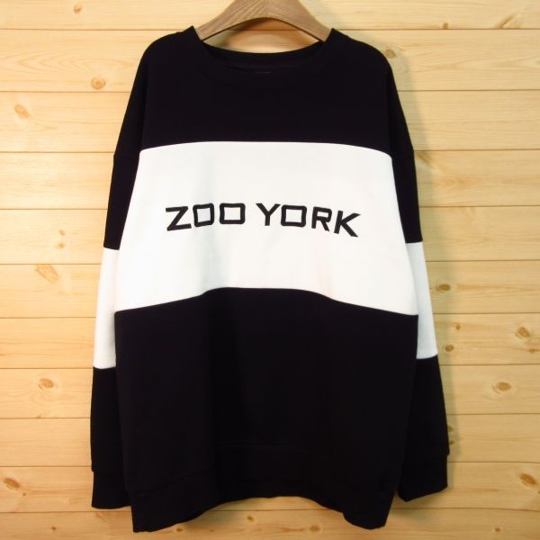 ◎使用少なめ！ZOO YORK ズーヨーク◆スウェット トレーナー 裏起毛 スケート 切り替え◆メンズ 黒x白 Lサイズ◆A3416_画像1