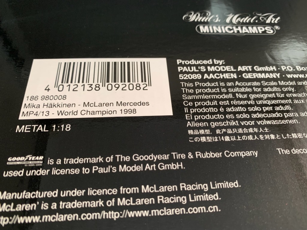 ★PMA【1/18マクラーレンメルセデスMP4/13 F1 World Champion 1998 #8ミカ・ハッキネン】ワールドチャンピオンコレクション1:18_画像8