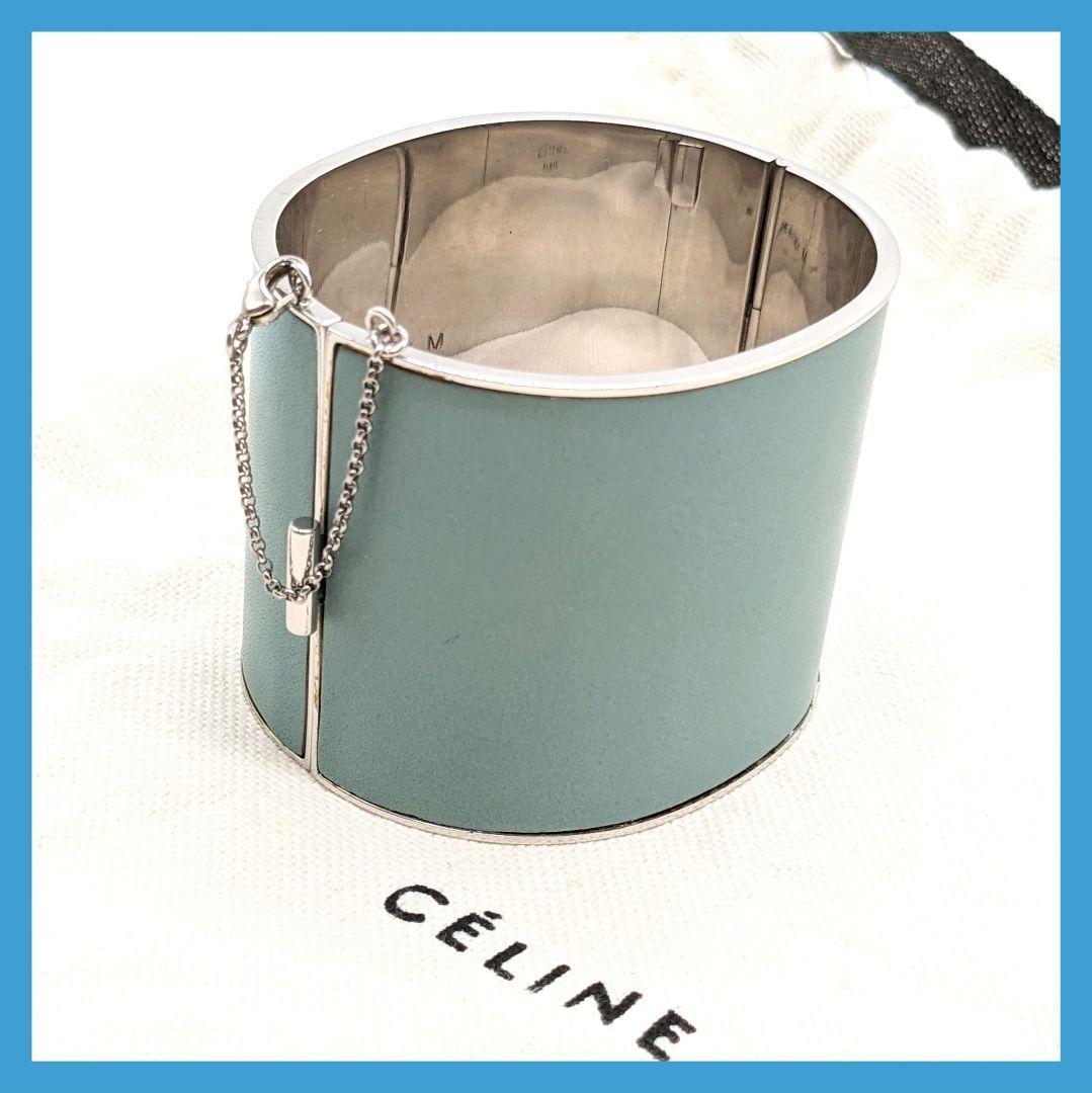 【最終値下げ】CELINE セリーヌ マンシェット バングル リストバンド ライトブルー レザー シルバー サイズM フィービー期 チェーン 名作