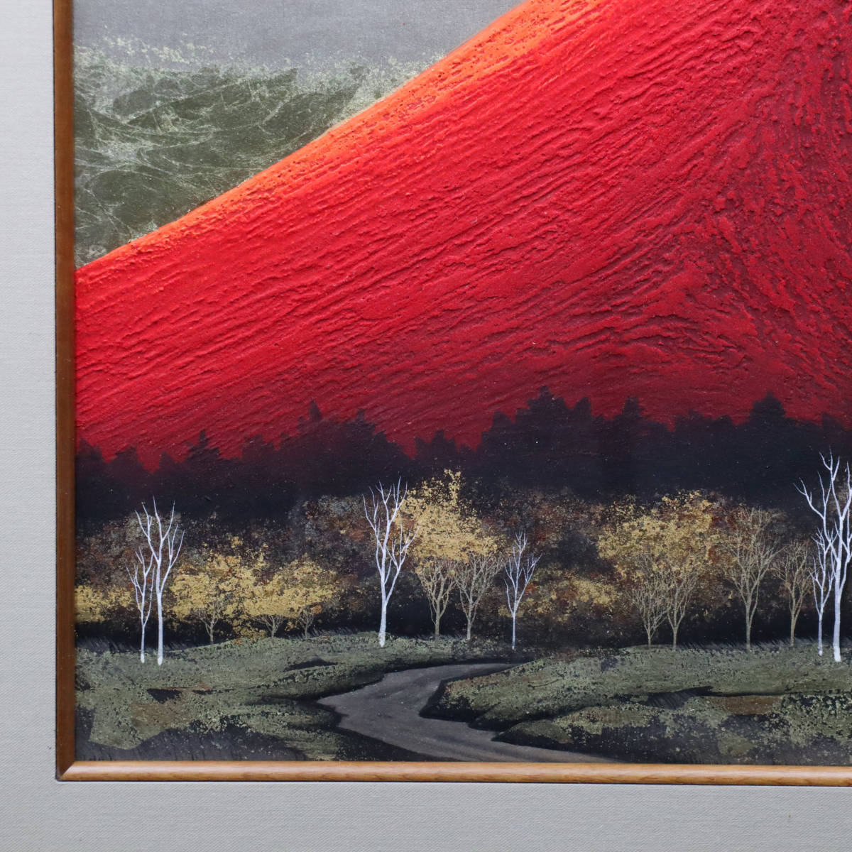 宙】真作保証 下川立夏「赤富士」日本画 F6号 落款有 額装 迫力 宙】真作保証 下川立夏「赤富士」日本画 F6号 落款有 額装 迫力