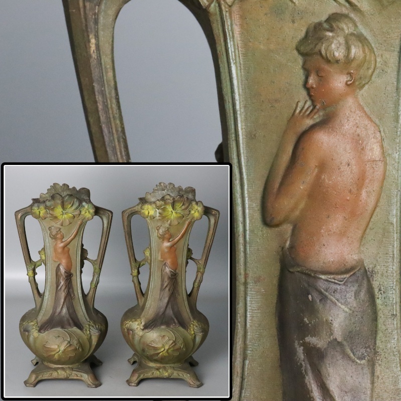 【宙】西洋美術 フランス製 ブロンズ 裸婦像花入一対 34.3cm 2176g, 2334g アール・ヌーヴォー様式 花器 花瓶 古美術品 12S26.hl.D_画像1