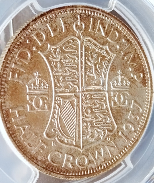 ◆渋い光沢◆ 1937年 イギリス ジョージ6世 銀貨 PR64 初年度 プルーフ PCGS ハーフクラウン 英国王のスピーチ エリザベス2世 アンティーク_画像8