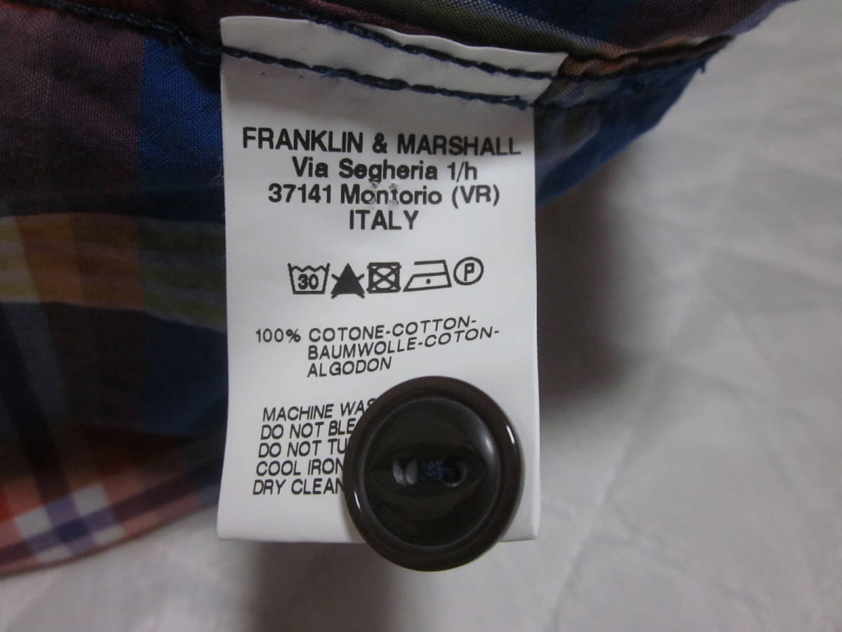 ★★★【 4/22・大幅値下げ 】FRANKLIN＆MARSHALL フランクリンマーシャル：チェック長袖シャツ：正規品：サイズ表示 M：送料無料_品質表示タグ：1＆スペアボタン