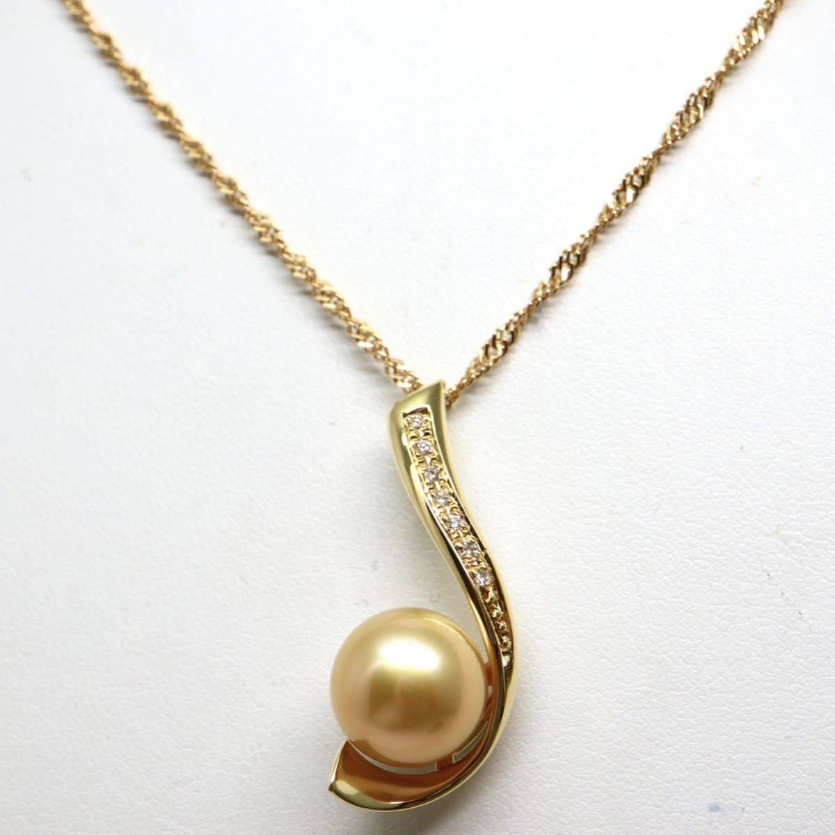 《K18(750)天然ダイヤモンド&ゴールデンパールネックレス》D 11mm珠 8.2g 42.5cm pearl necklace jewelry ジュエリー 白蝶 diamond EE1/EF4_画像1