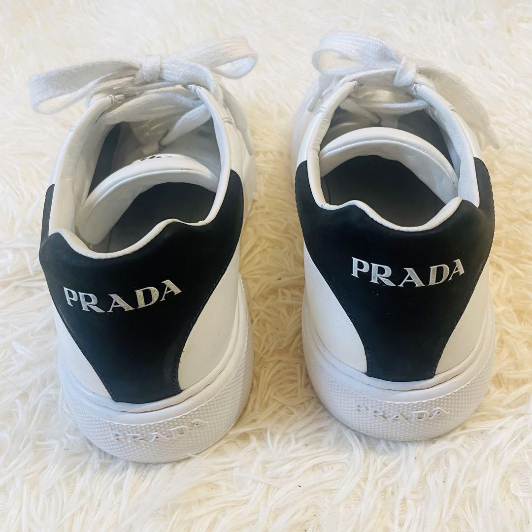 極美品＊PRADA プラダ スニーカー ロー 26-26.5㎝ UK7 レザー ホワイト ブラック 白 黒 ロゴ 箱付き 2EG 361 7_画像3