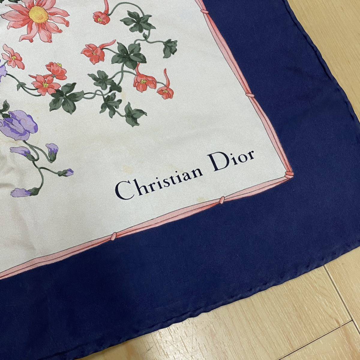 Christian Dior　クリスチャンディオール　スカーフ　花柄　ふちネイビー　no.23_画像3