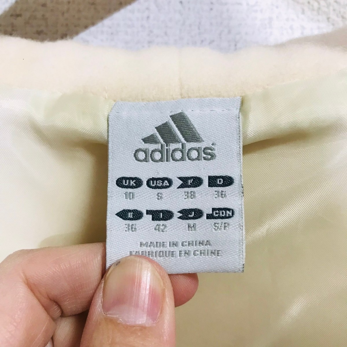 H6481dL adidas アディダス サイズM ピーコート Pコート アイボリー レディース セーラー襟 ロゴ刺繍 お洒落コート ウールコート _画像7