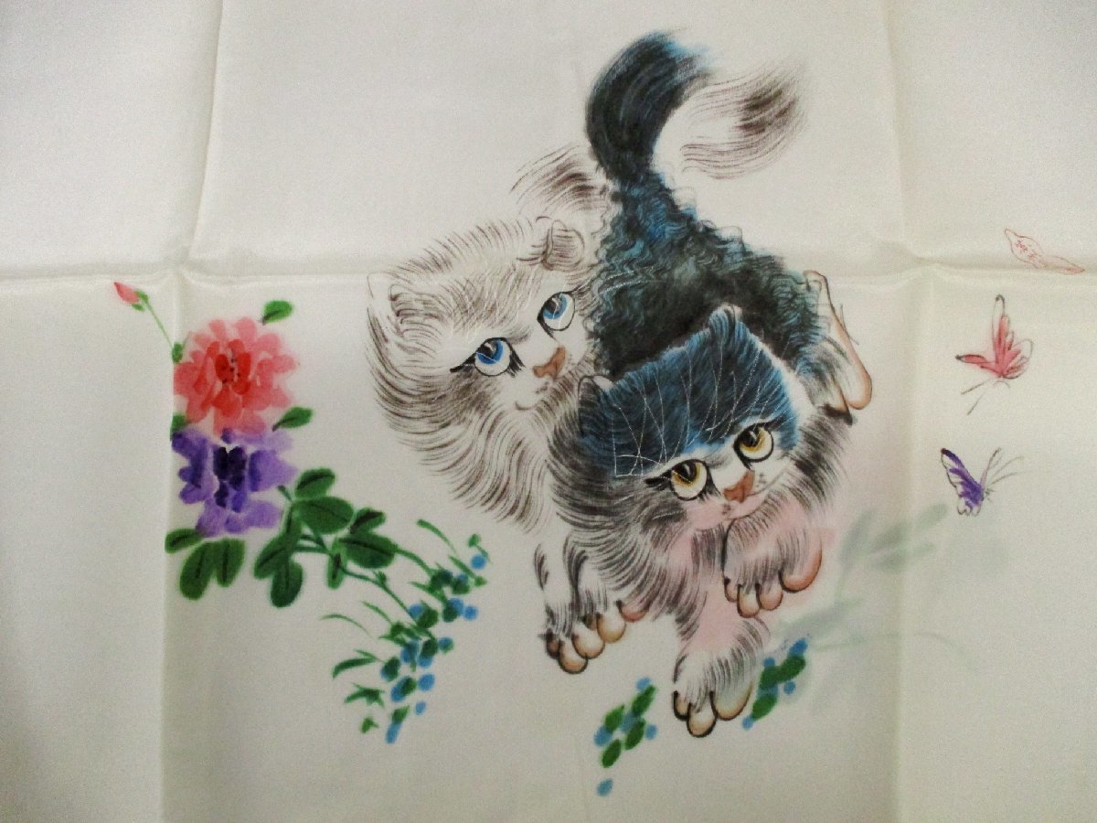 C3552 布製品「中国製 シルク100％ スカーフ 猫」未使用 90×84センチ 絹100％_画像2