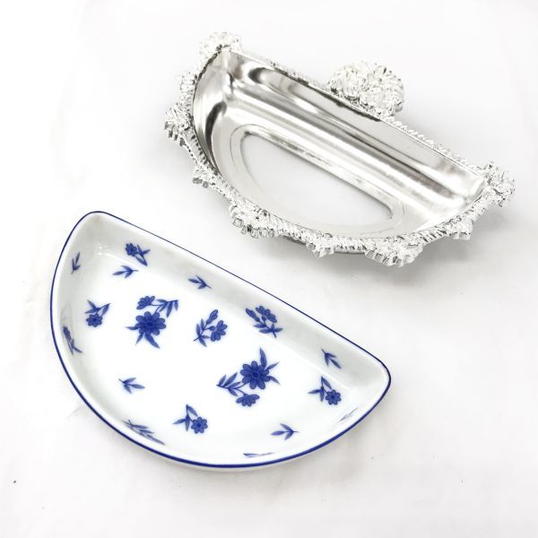 未使用 Ceramic Craft JAPAN お皿 トレイ 食器 小皿 柄 レトロ ホワイト 白 ブルー シルバー キッチン 洋食器 おしゃれ 上品_画像3