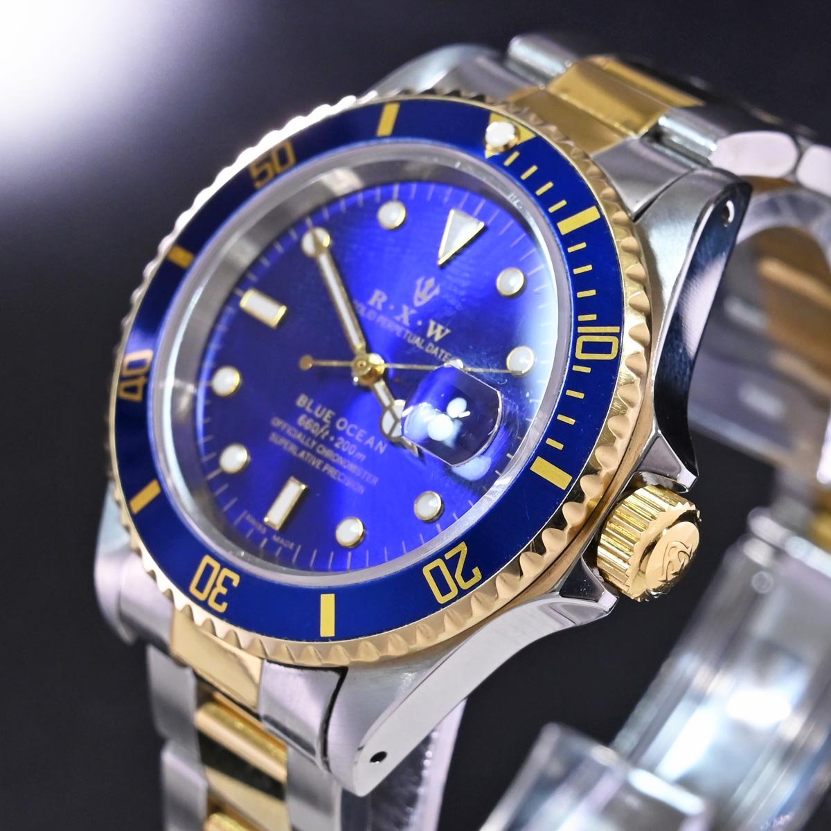 本物 美品 RXW 絶盤 BLUE OCEAN ブルーオーシャン 200ｍダイバーズ メンズウォッチ 男性用自動巻腕時計 純正コンビブレス 保存箱 取説付_画像4