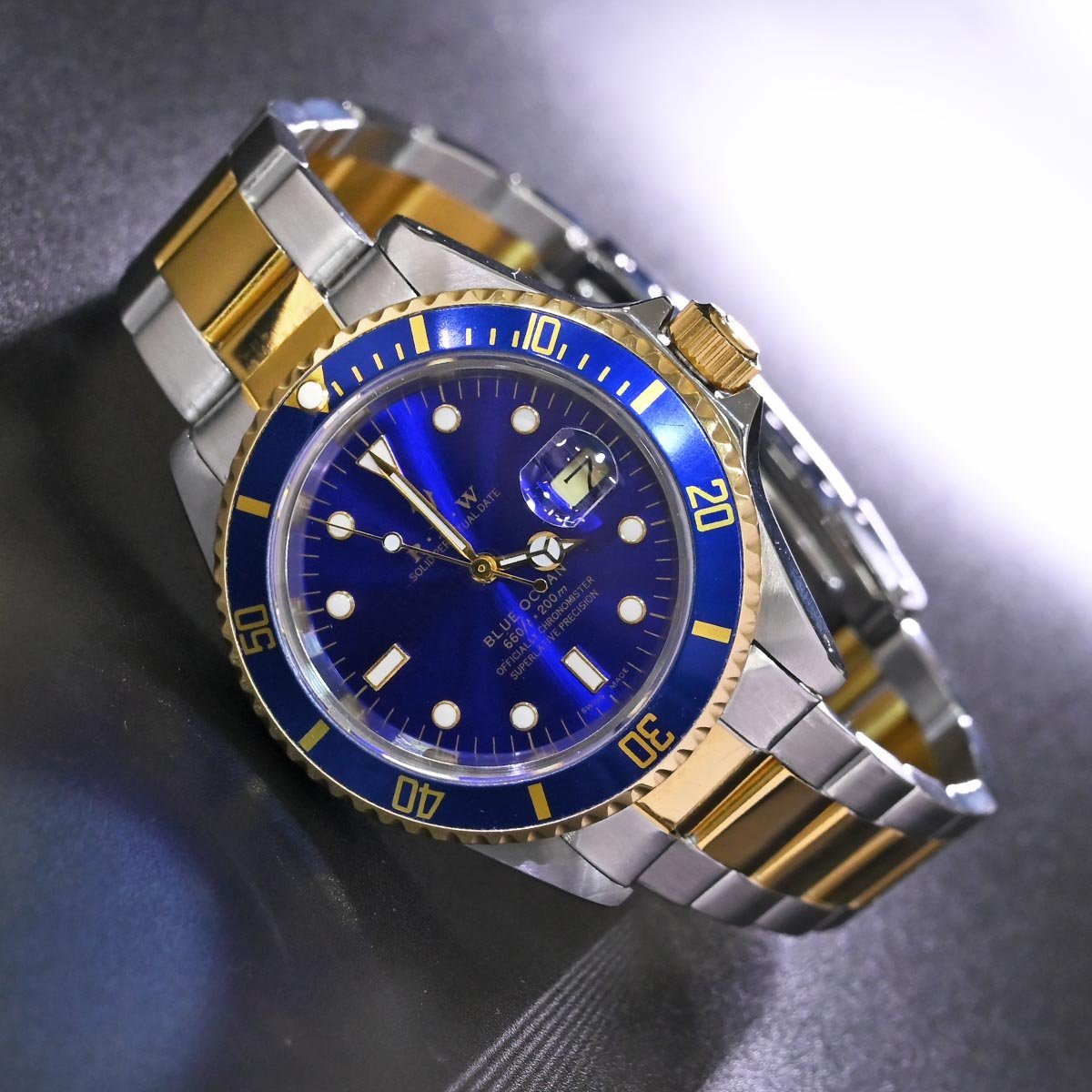 本物 美品 RXW 絶盤 BLUE OCEAN ブルーオーシャン 200ｍダイバーズ メンズウォッチ 男性用自動巻腕時計 純正コンビブレス 保存箱 取説付_画像2