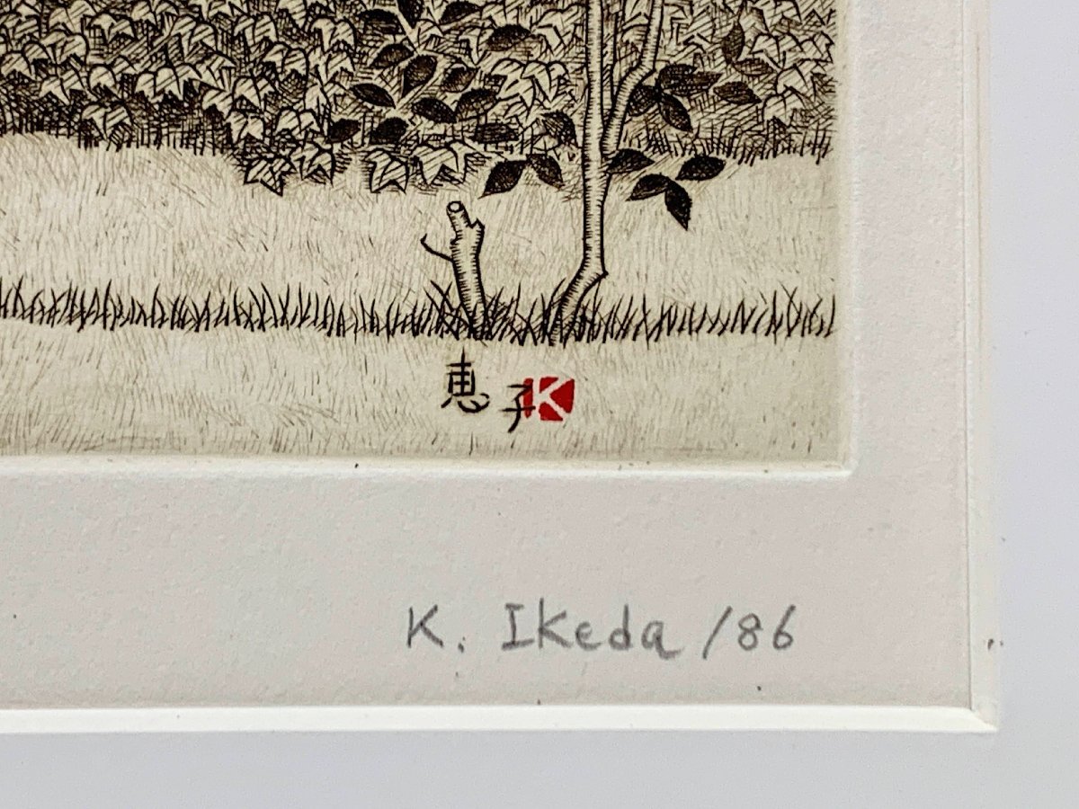 13302/池田恵子 「RED SHOES」 5/30 '86 版画 直筆サイン入り 額装_画像2