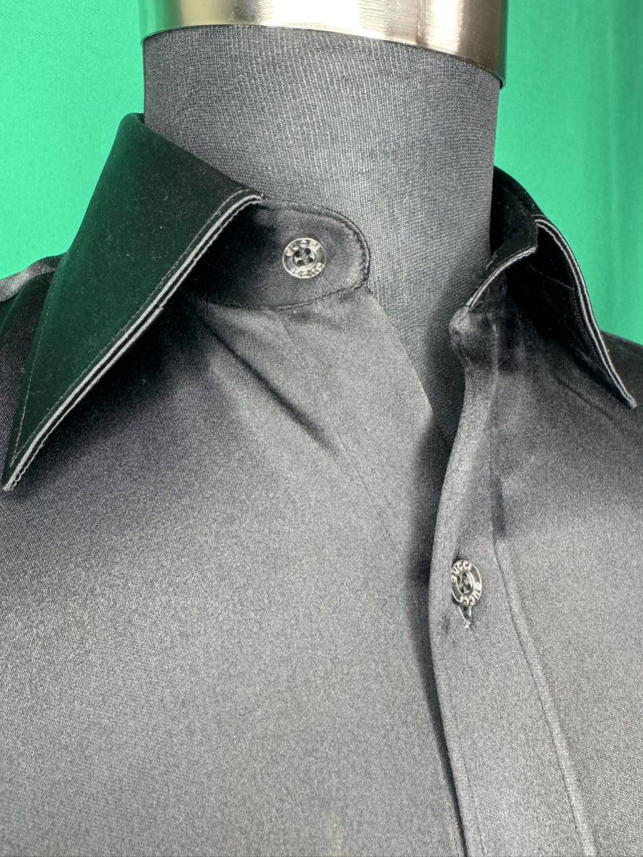 GUCCI グッチ シルク 絹 長袖シャツ 最高級 カフスボタン 本物 中古品 黒 ブラック 首周り38㎝ 15インチ Mサイズ相当の画像2