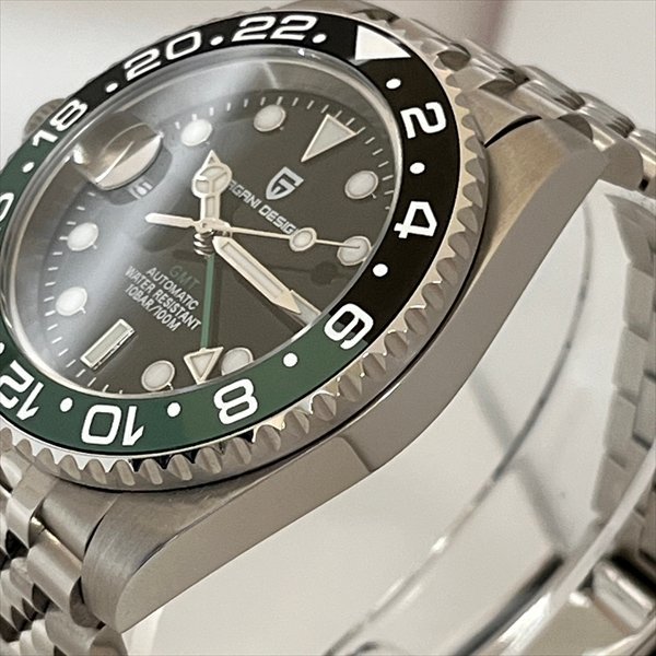 PAGANI DESIGN パガーニデザイン GMT PD-1662 メンズAT腕時計 裏スケルトン 3針 グリーンxブラック SS デイト 自動巻き 稼働品 純正箱 美品_画像4