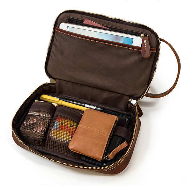 収納ポーチ 本革 メンズ レザー 大容量 セカンドバッグ 2室 ハンドバッグ オーガナイザー 化粧バッグ iPad mini対応 収納鞄_画像8