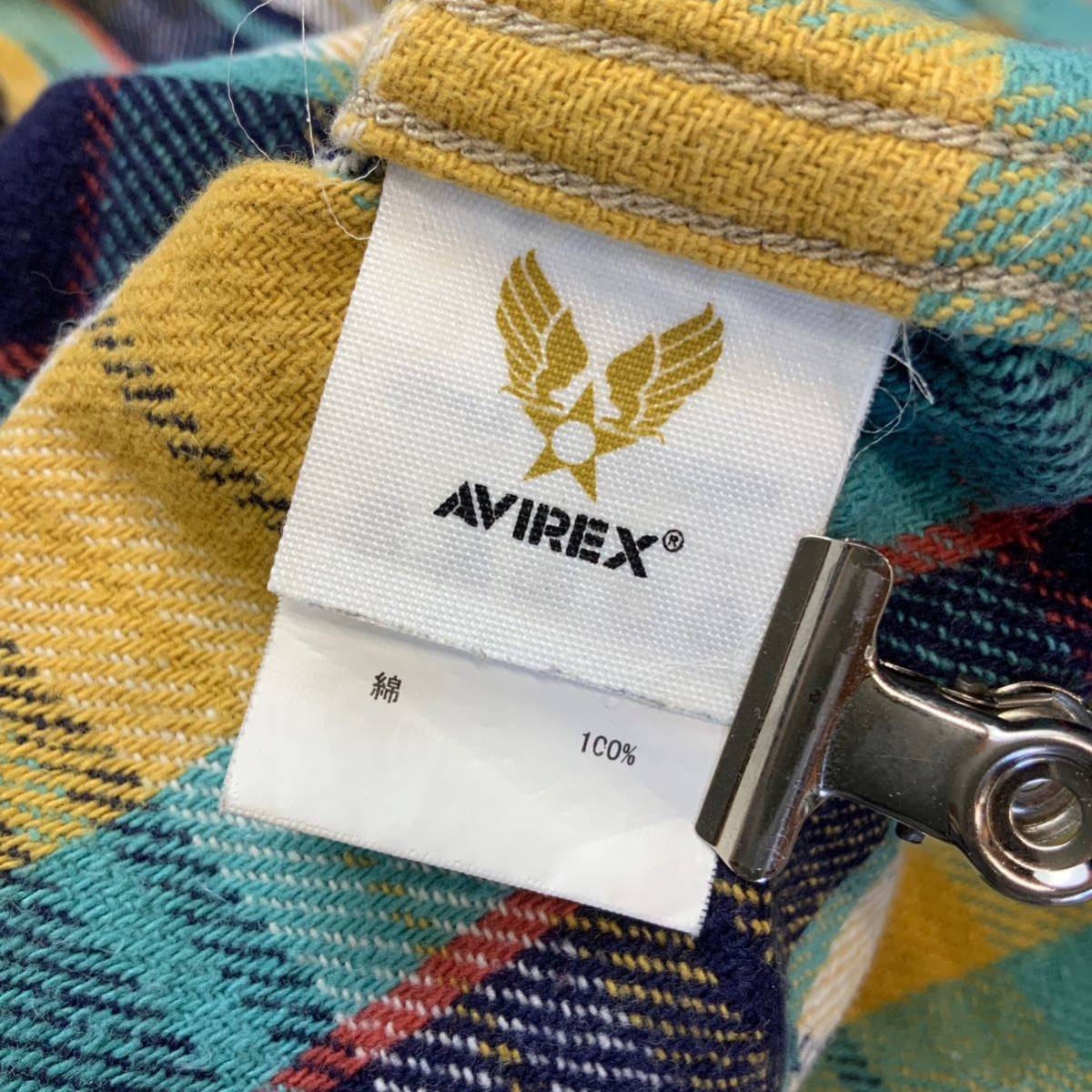 良品 AVIREX アヴィレックス 刺繍ロゴ タータンチェック ネルシャツ 長袖シャツ メンズ Lサイズ ブルー イエロー_画像7