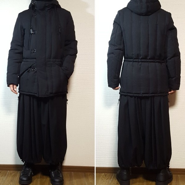 Yohji Yamamoto POUR HOMME ヨウジヤマモトプール オム 08AW キルティングフーデッドダウンジャケット ブラック　黒　ウールギャバジン_着用イメージ。