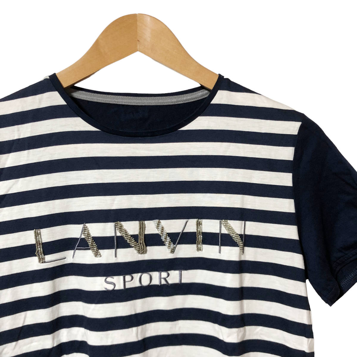 LANVIN SPORT ランバン スポーツ Tシャツ 半袖 ボーダー ロゴ ビーズ装飾 40 ネイビー 白 レディース A34_画像3