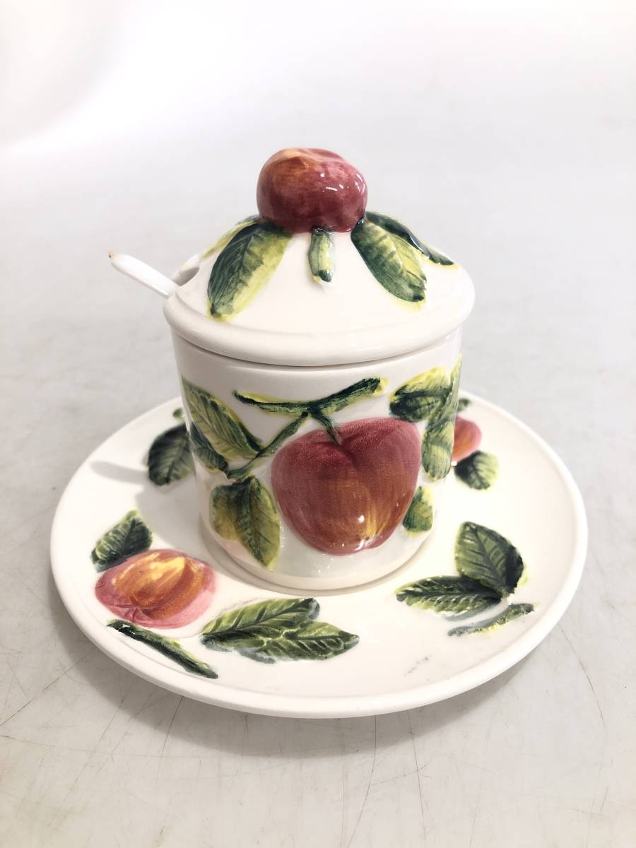 HB8955  昭和レトロ シュガーポット 砂糖入れ 果物 調味料ポット りんご 日本製 陶器 容器の画像1