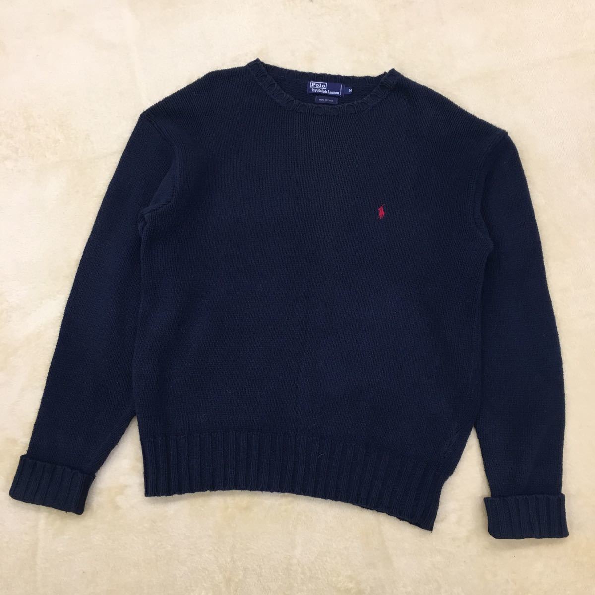 POLO BY RALPH LAUREN ポロ バイ ラルフローレン コットンニットセーター プルオーバー ポニー刺繍 ワンポイント メンズ サイズM 紺色