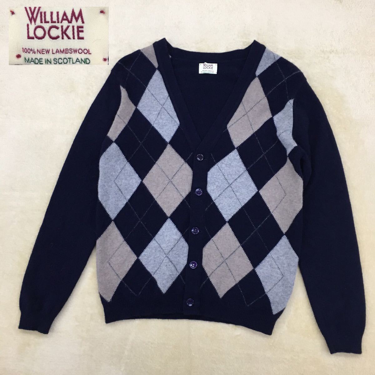 WILLIAM LOCKIE ウィリアムロッキー スコットランド製 ニューラムウール ニットセーター カーディガン アーガイル メンズ サイズ38 紺色