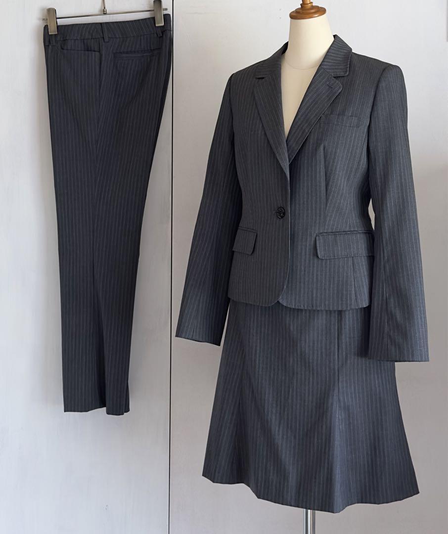 3点 n-line 洋服の青山 スーツ セットアップ ストレッチ グレー ジャケット スカート パンツ オフィス リクルート